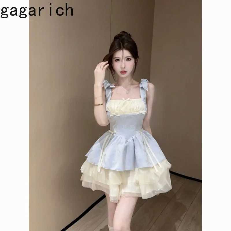 2025 Summer Women Popular Temperament Lace Bow Slim Fit Design Splicing Dress Gagarich Sweet Princess Waist Cinched Cute Fluffy R250716