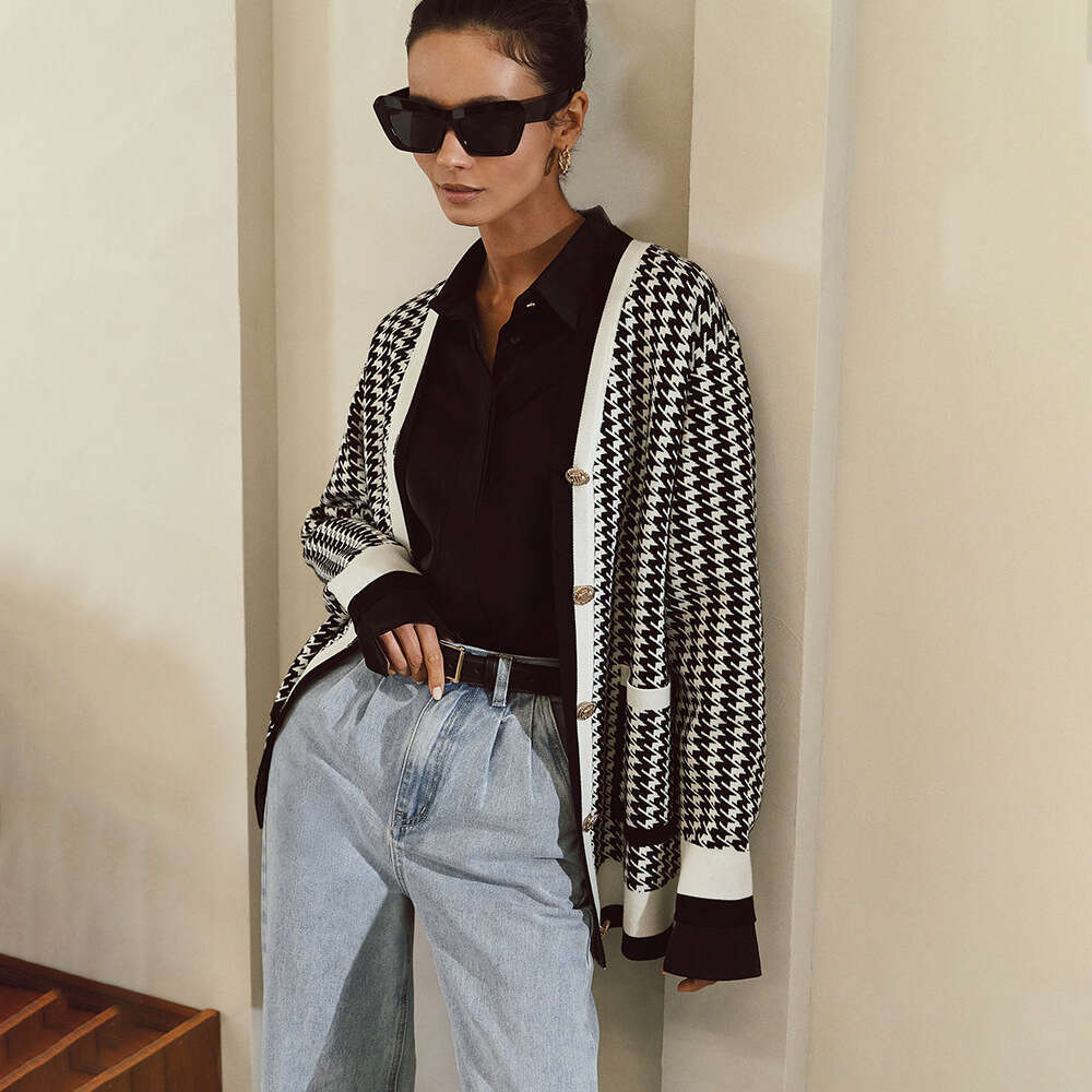 Houndstooth Autumn Winter New Elegant Women's French Loose Sweater Cardigan B5