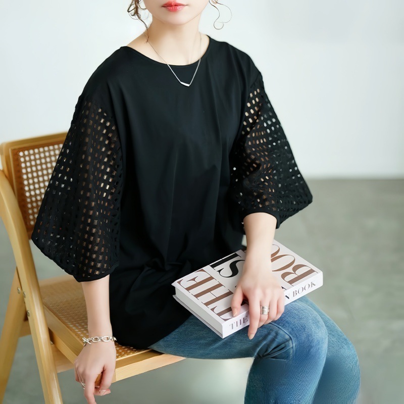 Summer New Women S T Shirt Cross Border Foreign Trade Japan And South Korea Style Hollow Out Sleeves Spliced Loose Mid Sleeve Top Colors Designer