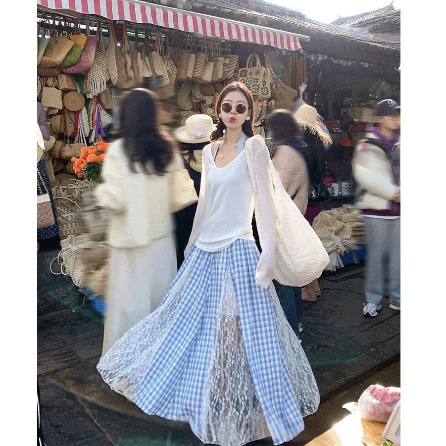 2025 Plaid Patchwork Lace Midi Skirt for Women Spring Korean Style Elegant Slimming Design A-line Long