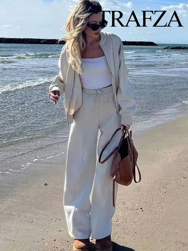 TRAFZA Womens 2-piece Retro Solid Color Zipper Bomber Jacket Sweatshirt High-waisted Lace-up Womens Loose Velvet Pants Suit 250715