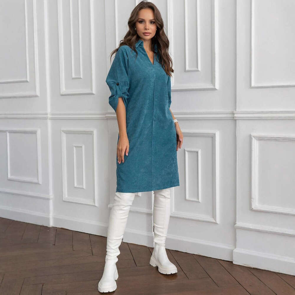 Corduroy Mid-Length Spring Summer Elegant Commuter Loose Turn-Down Collar Button Dress B5