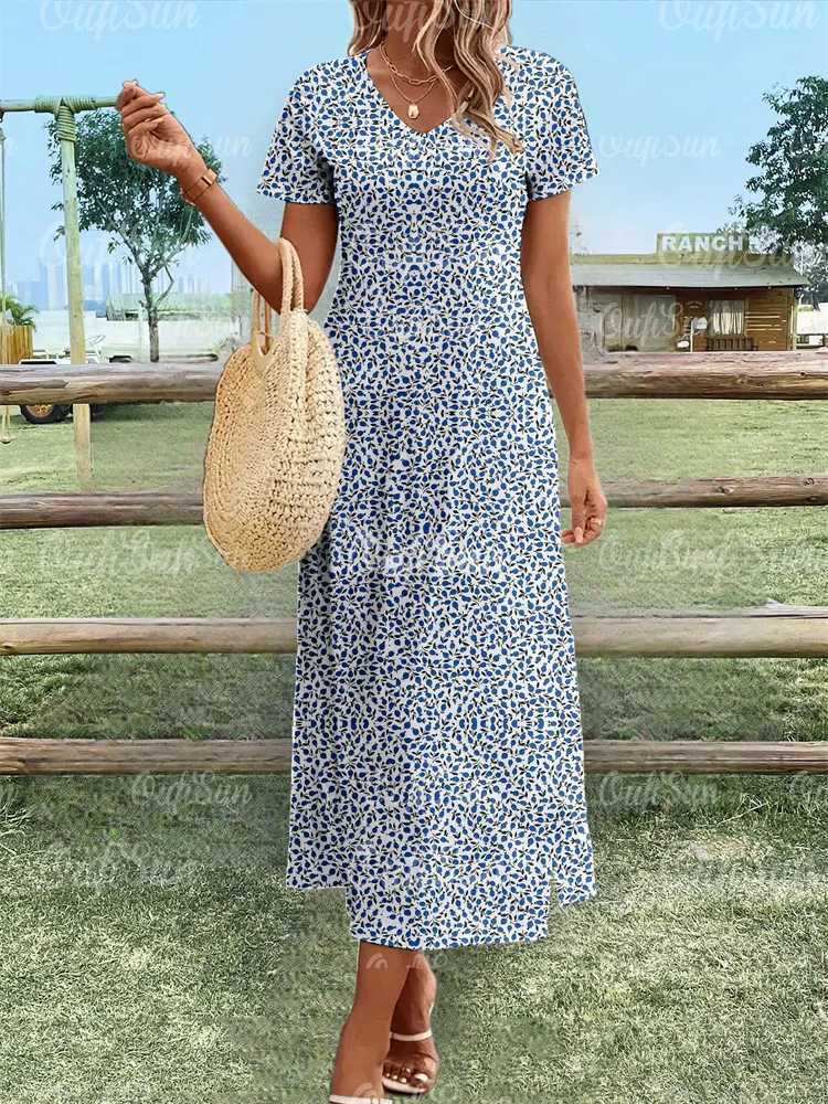 2024 New Womens Dresses Floral Print Summer Elegant Midi Dresses Vacation Female Short Sleeve Dress Fashion Oversized Clothes R250716