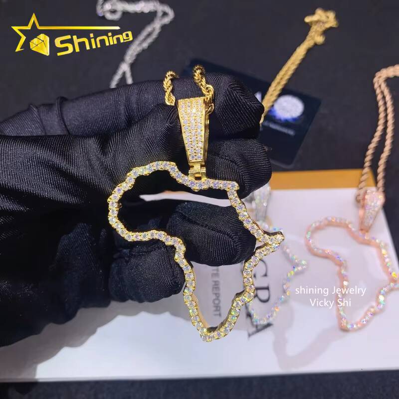 Hot Selling New Design Hip Hop Jewelry S925 Silver Gold Plated VVS Moissanite Diamond Map Pendant for Necklace