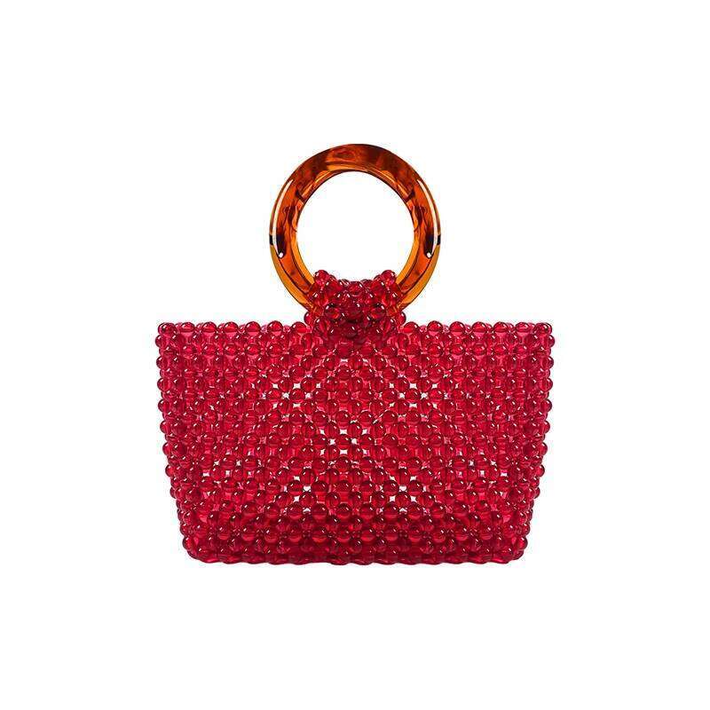New Personalized Red Handmade Bead Woven Acrylic Fashionable And Versatile Circular Handle Handbag For Women