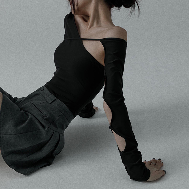 Summer New Women S T Shirt European And American Cross Border Trade Winter Design Street Style Asymmetrical Neck Hollow Out Slim Fit Long Sleeve Top F