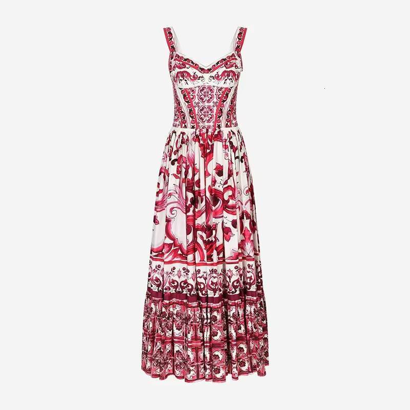 Summer French Vintage Long High-Waisted Elegant Socialite Style A- Line Ceramic Printing Waist-Length Dress dongdumaoyi