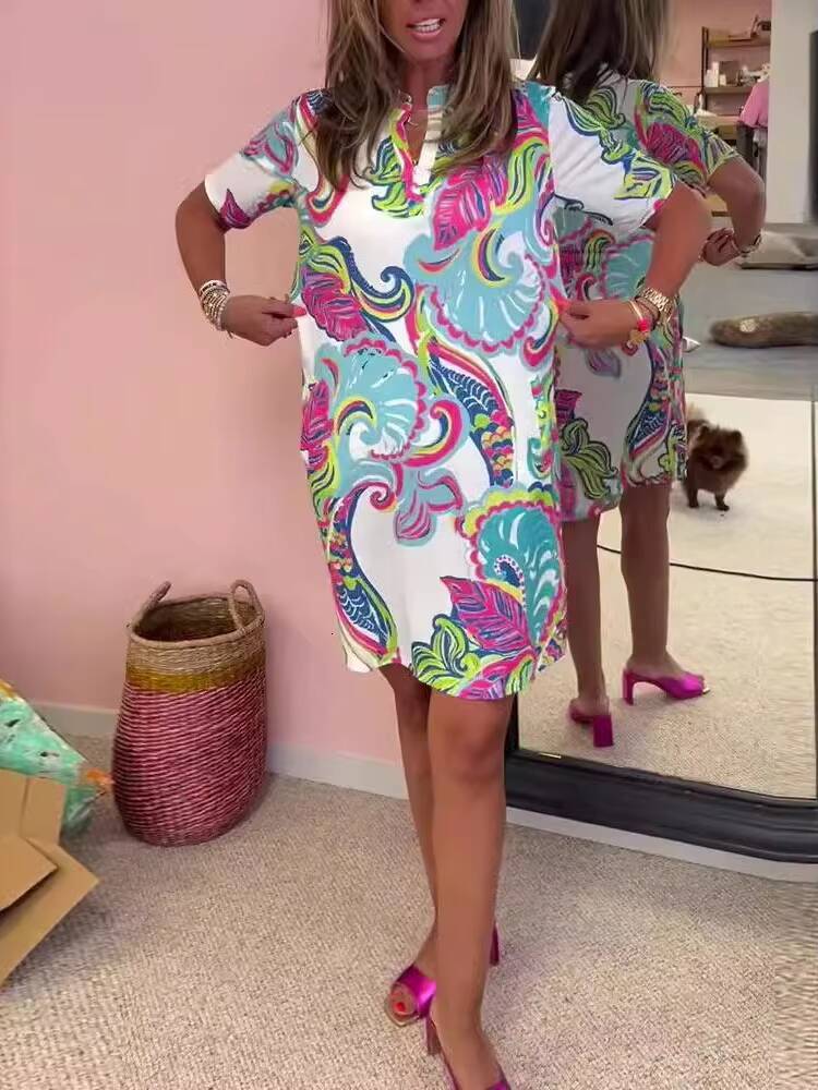 Summer Loose V-neck Short Sleeve Fashion Casual New Print Elegant Beach Party Dress Womens Clothing dongdumaoyi