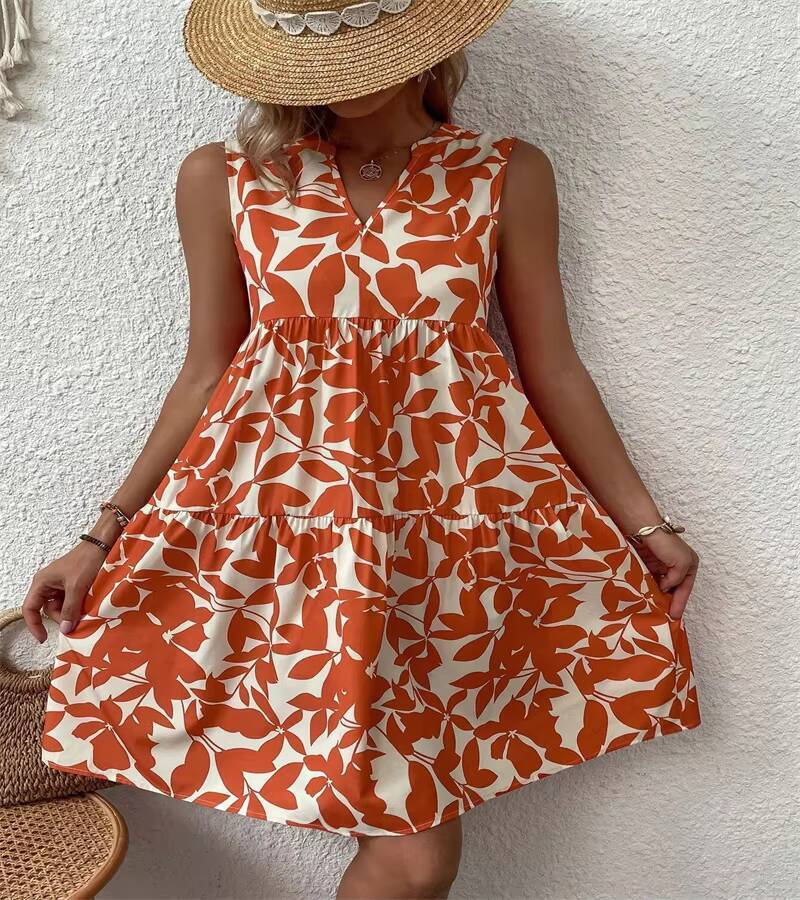 Spring summer 2024 European and n Ladies Elegant Dress Bohemian fashion loose V-neck ruffle print dress dongdumaoyi