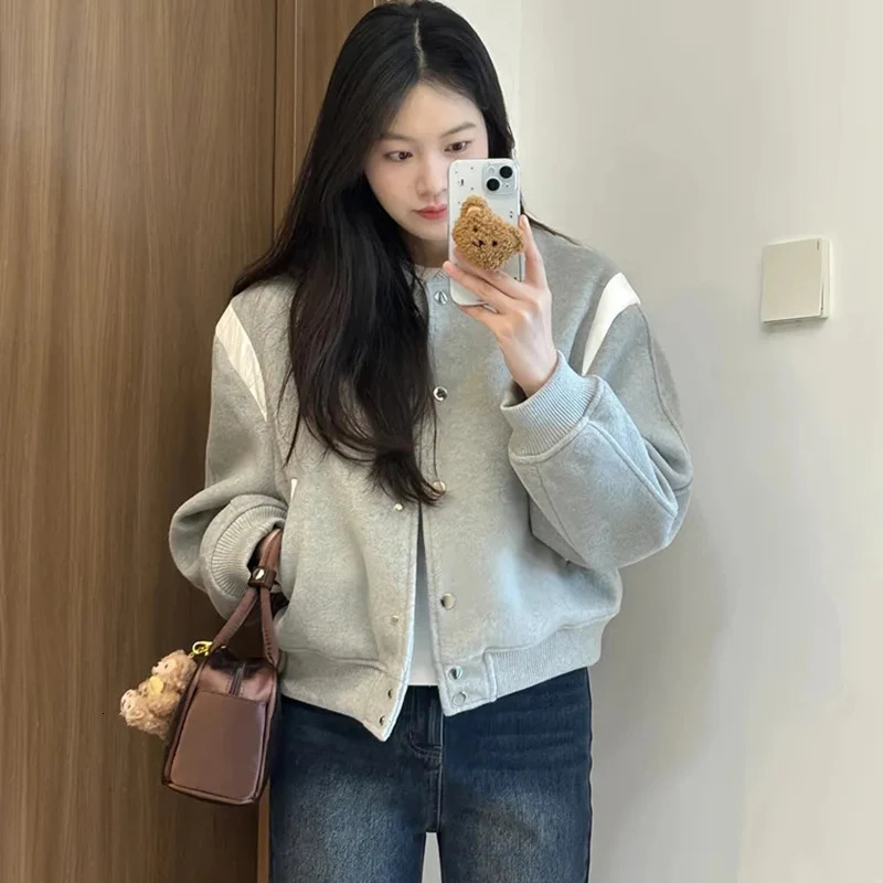 Rimocy Autumn Gray Baseball Uniform Coat Women Streetwear Round Neck Cropped Bomber Jacket Woman Long Sleeve Casual Jackets 250716
