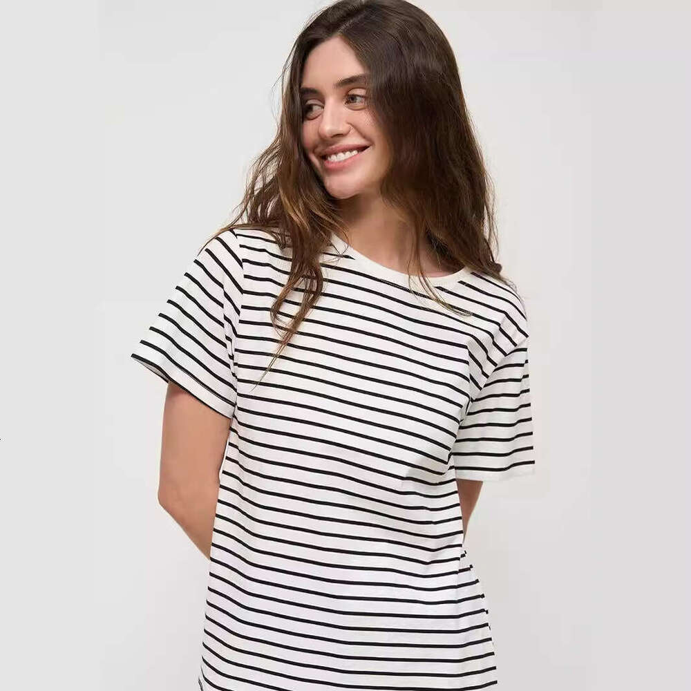 Summer Women's New Style Elegant Commuter Versatile Round Neck Black And White Striped Short Sleeve T-Shirt B5
