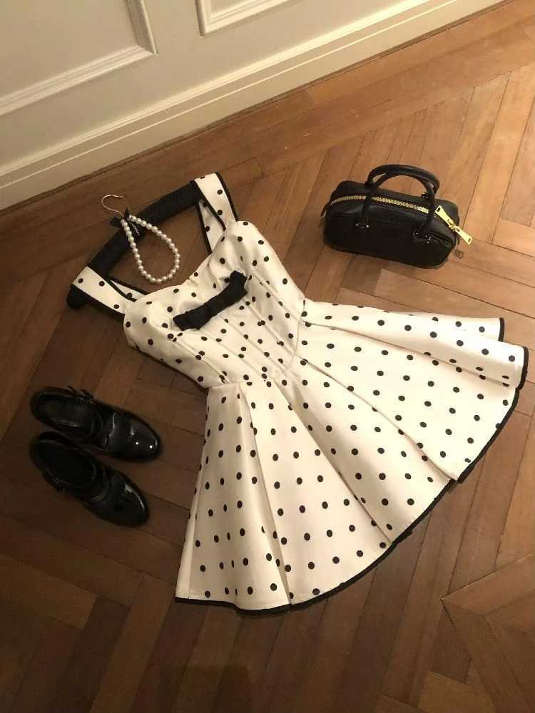 Sweet Wave Point Dress for Women Fashion Summer Sling Robe Femme 2025 Vestidos De Mujer A-line Tunic Pleated Cute Bow Dresses R250716