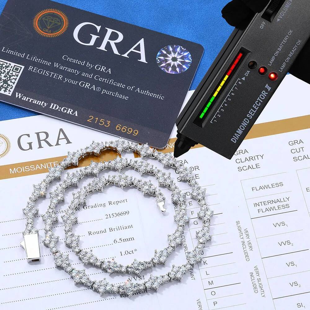 6.5mm Iced Out VVS Diamond Flower Shape Tennis Chain Hip Hop Jewelry 925 Sterling Silver Moissanite Tennis Chain Necklace
