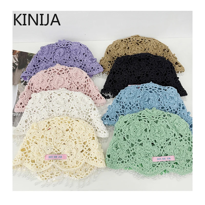 Handmade Tassel Knitted Hat Women Bohemian Beaded Fringed Pullover Hats for Girl Summer Travel Po Hollow Beanies Cap Y2K 250715