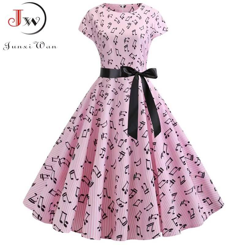 Women Summer Music Note Print Dress 50s 60s Robe Retro Swing Casual Vintage Party Dresses Vestidos dongdumaoyi