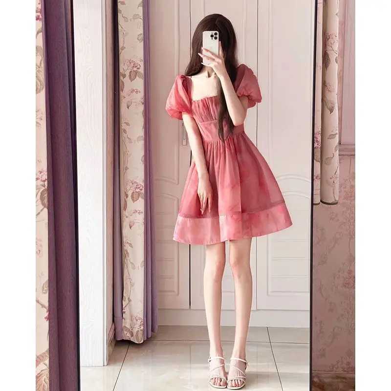 Square Neck Puff Sleeve Waist Dress for Womens Summer New Style Petite Slimming Tea Party Princess Short Dress R250716