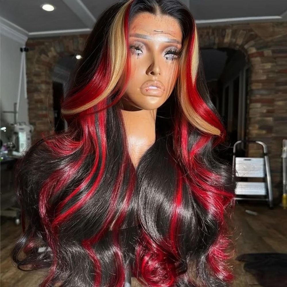 Black Red Blonde Highlights Lace Front Wig 13x4 HD Body Wave Wig Lace Front Wigs Highlight Wigs Pre Plucked with Baby Hair Synthetic Lace Frontal Wig
