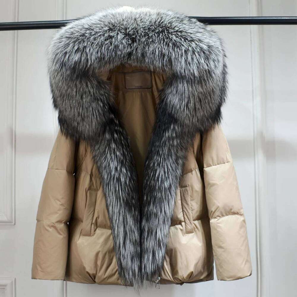 Lagabogy 2025 New Winter Women Real Fox Fur Collar Thick Warm Puffer Coat Hooded Down Jacket Outwear Female Loose Parkas MDNG