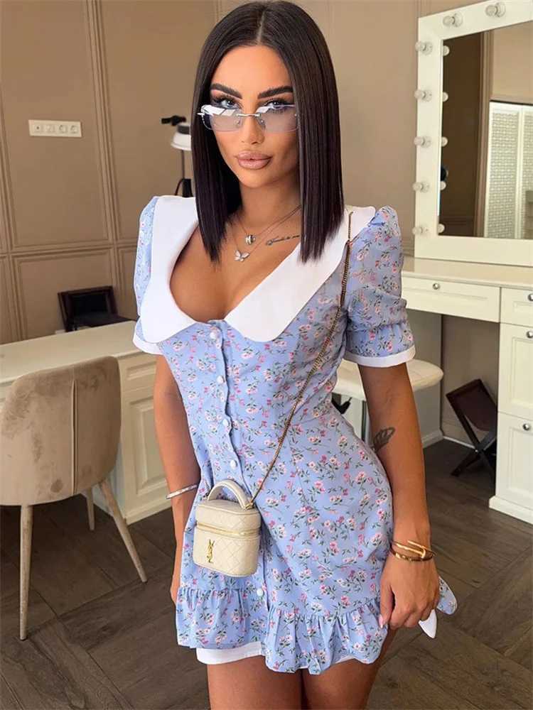 Tossy Printed Casual Lapel Mini Dress Womens Ruffled Slim Cardigan Commute Short Sleeve Contrast Dress Female Bodycon Dress New R250716