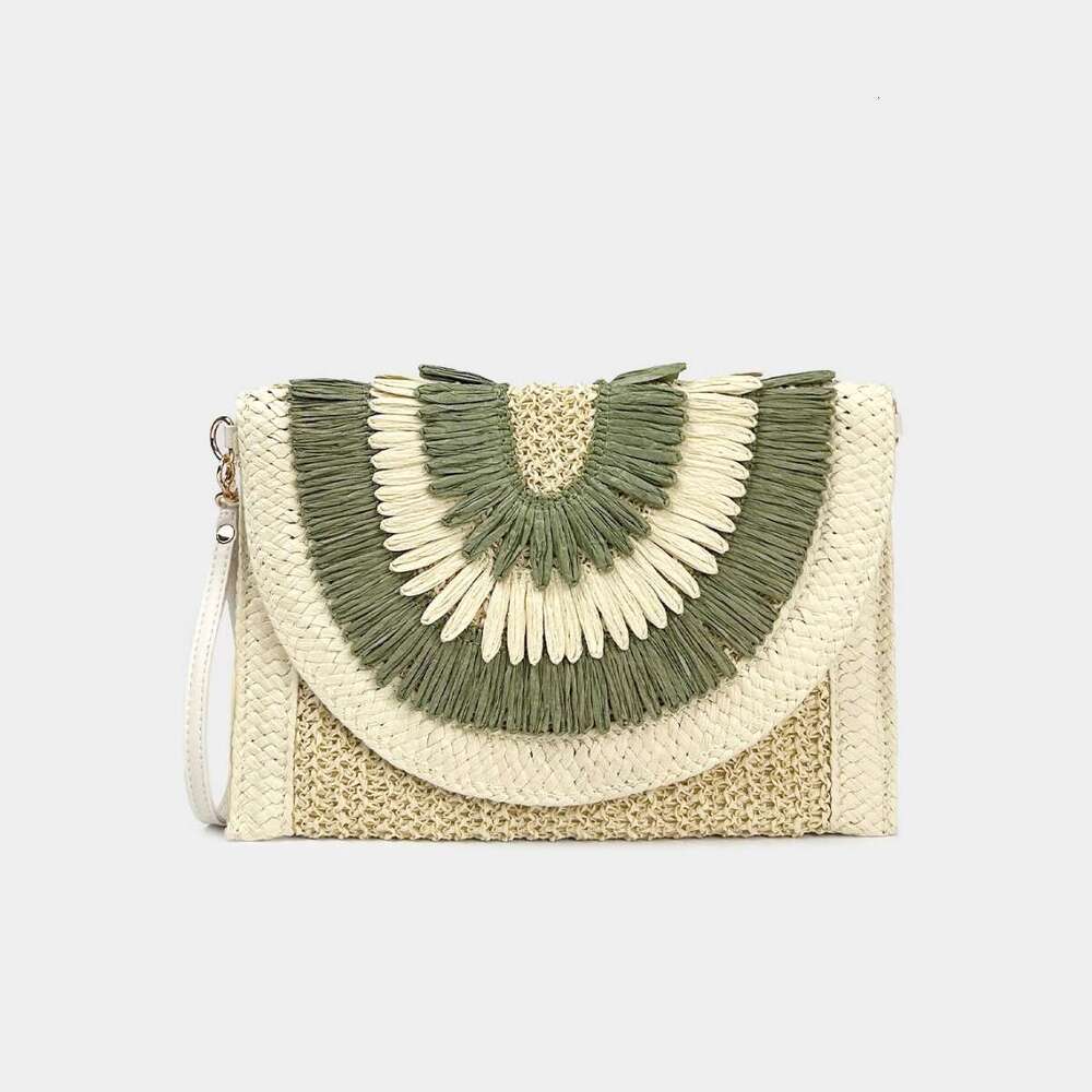 Women's Envelope 2025 Summer New Color-Block Straw Woven Crossbody Phone Flip Cover Tassel Small Square Bag