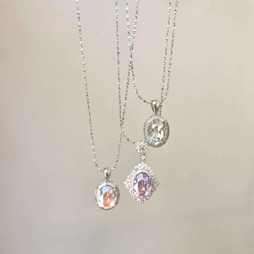 S Pure Sier French Style Brilliant Violet Ice Flower Zircon Necklace Pigeon Egg Oval Pendant Full Dia Collarbone Chain Multiple Styles