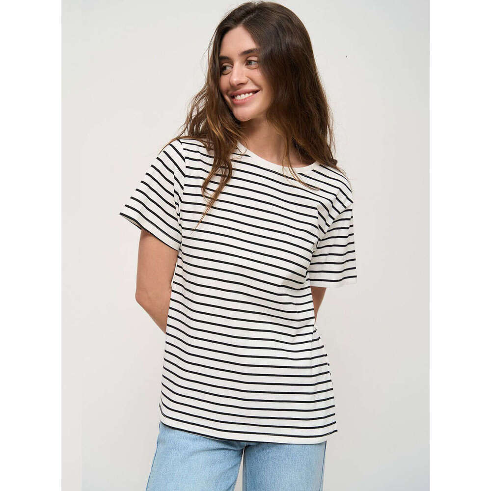 Summer Women's New Style Elegant Commuter Versatile Round Neck Black And White Striped Short Sleeve T-Shirt B5