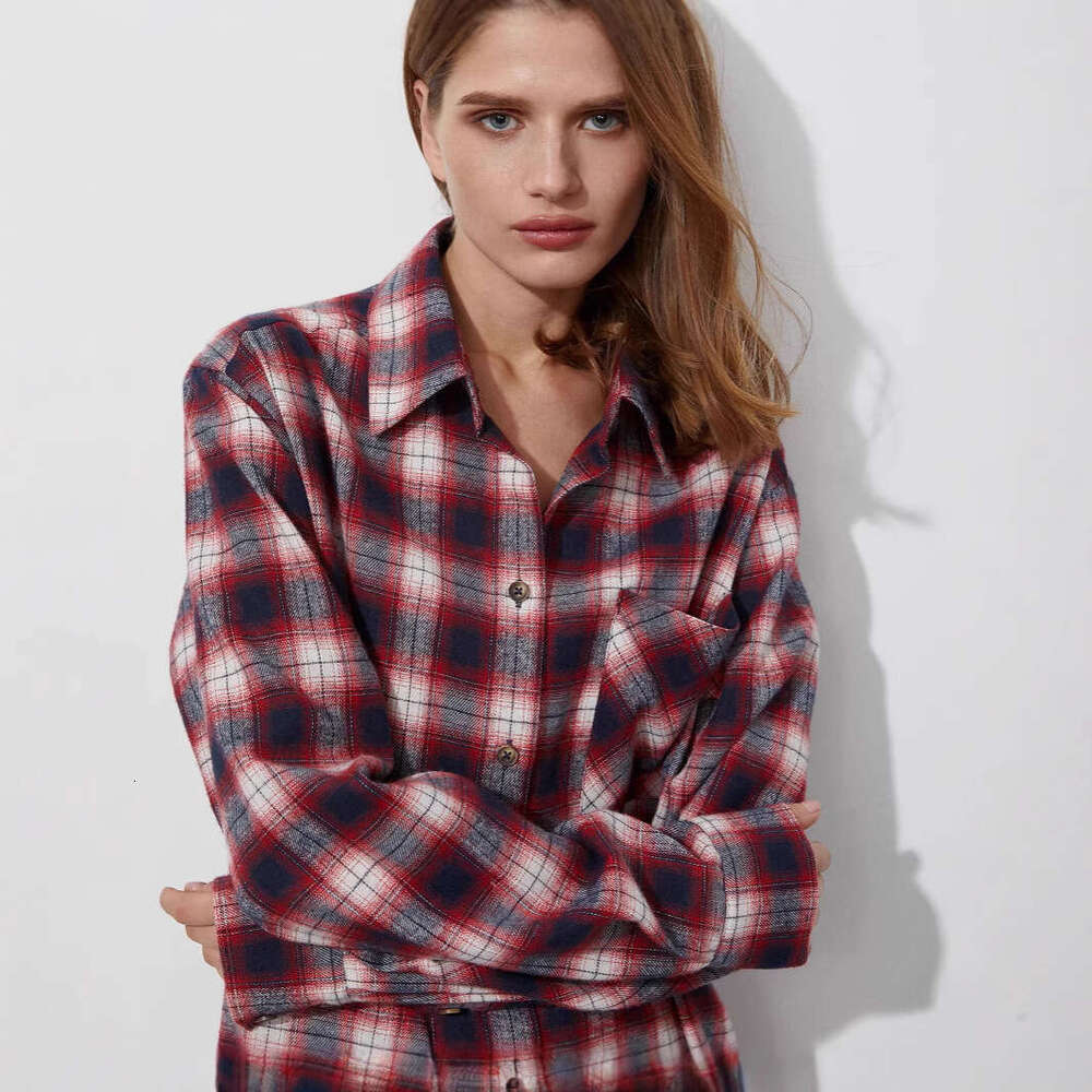 Spring Summer Loose Versatile Pure Cotton Plaid Unisex Shirt For Women B5
