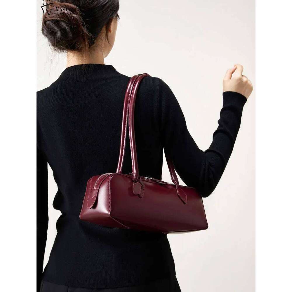 2025 New Genuine Leather Women's Shoulder Large Capacity Cowhide Handbag Long Strip Wine Red Baguette Bag Female