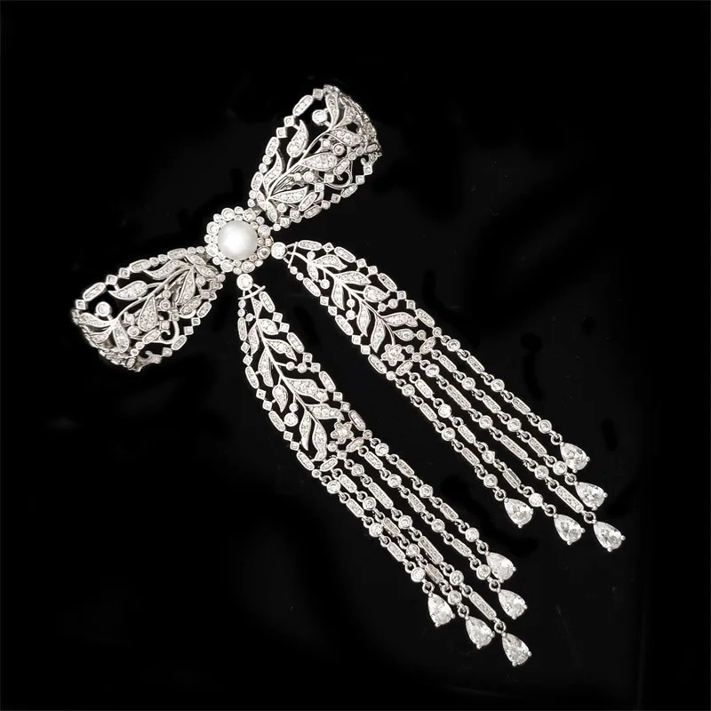 Elegant Hollow Out Tassel Bow Knot Brooch Shiny Zircon Freshwater Pearl Exquisite Zircon Bowknot Broochpins Womens Corsage 250712