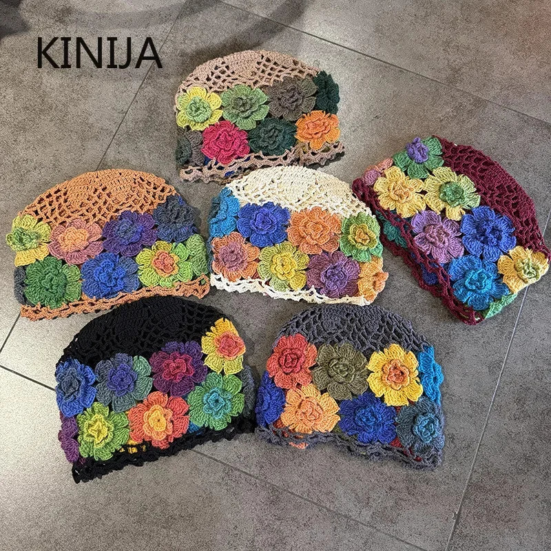 Baotou Cap Japanese Spring Literary Artistic Colorful Flower Hollow Bag Head Hat Women Sweet Fashion Hand-crocheted Beanie Cap 250715