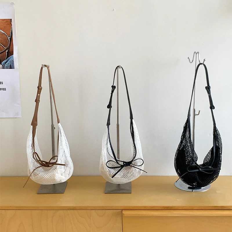Hand-woven Half-moon Shoulder Bag Apricot Brand Bow Stitching High Quality Holiday Women New Croissant Messenger Net Bag