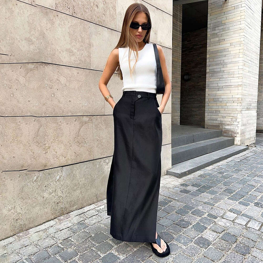 Slit For Women Spring Summer New High Waist Elegant Commuter Midi Skirt A-Line Dress B5