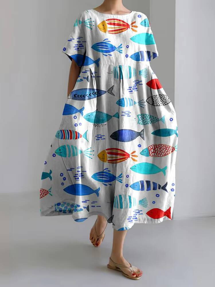 Summer Retro Japanese Womens Casual Short-sleeved Extra-long Fish Print Loose Round Neck High Waist Wide Hem Dress dongdumaoyi
