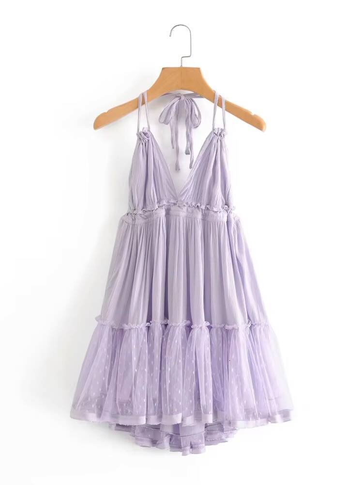 BOHO Women Lacing Up Bow Halter Collar Wood ears Patchwork Mesh Pleated Mini Dress Swing Hem Backless Holiday Robe dongdumaoyi