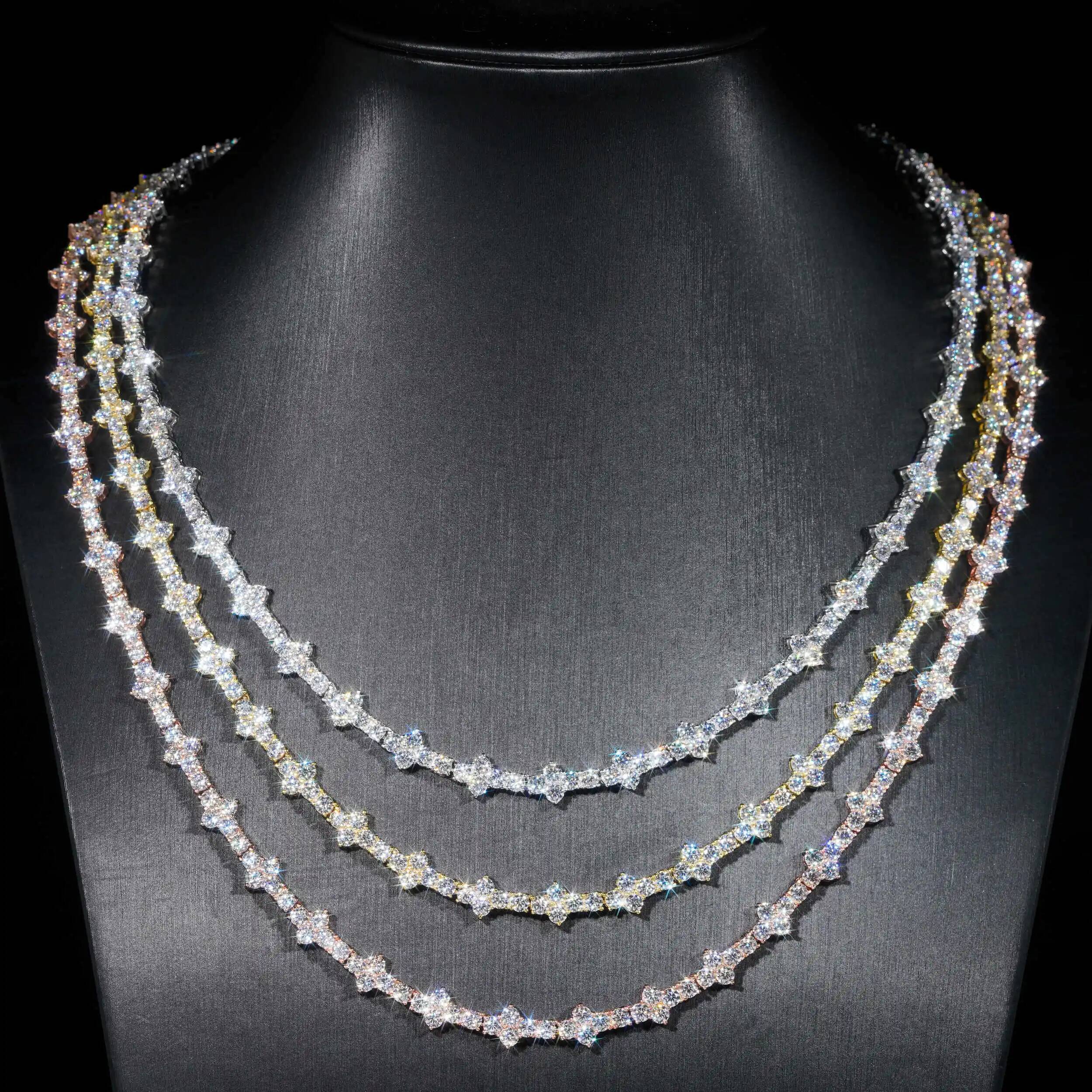 3/4mm Moissanite Jewelry Plum Blossom Tennis Chain Bracelet Hip Hop Single Row Stone Necklace 925 Silver with GRA Certificate