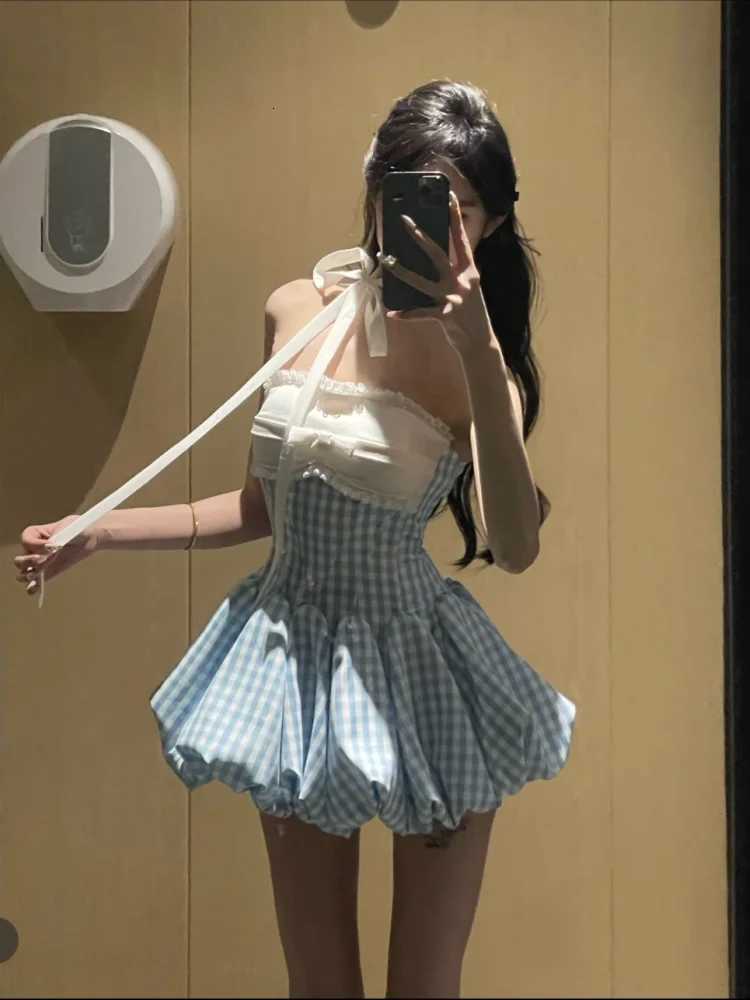 Korean Style Kawaii Retro Plaid Women Dress Fashion Party Sexy Strapless Bud Dress Summer Vintage Y2K Design Sense Mini Dress New R250716