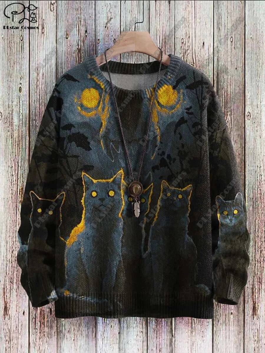 3D Printed Halloween Series Horror Ghost Skeleton Witch Black Cat Pattern Ugly Sweater Street Casual Winter Sweatshirt W-2