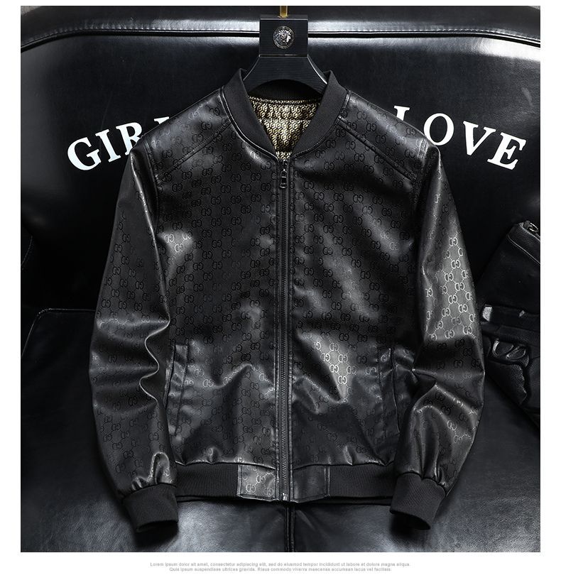 Fashionable Mens Leather Jacket Winter Thermal Fleece Lined Printed Casual Versatile Top