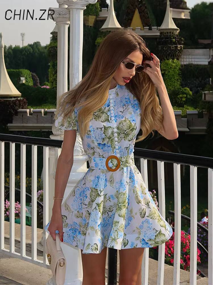 Elegant Print Belt Single Breasted Short Dress Women Stand Collar Puff Sleeve A-line Party Dresses 2025 Summer Lady Holiday Robe dongdumaoyi