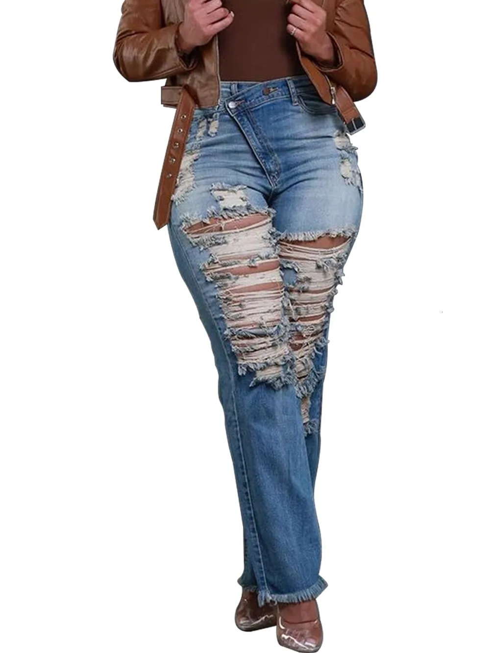 Jeans Ankle Length Women Pencil Denim Hole Pants Ripped Pockets High Waist Jean Skinny Streetwear Button Washed Distressed 250716