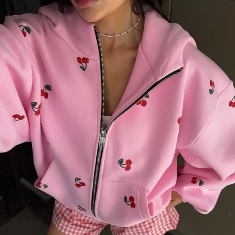 Womens Cherry Printed Sweatshirt Jacket 2025 Autumn Street Style Fashion Trendy Loose Versatile Sports Hoodie Female 250715