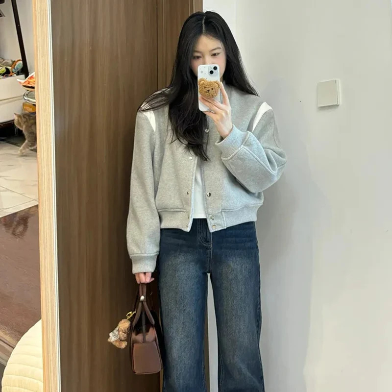 Rimocy Autumn Gray Baseball Uniform Coat Women Streetwear Round Neck Cropped Bomber Jacket Woman Long Sleeve Casual Jackets 250716