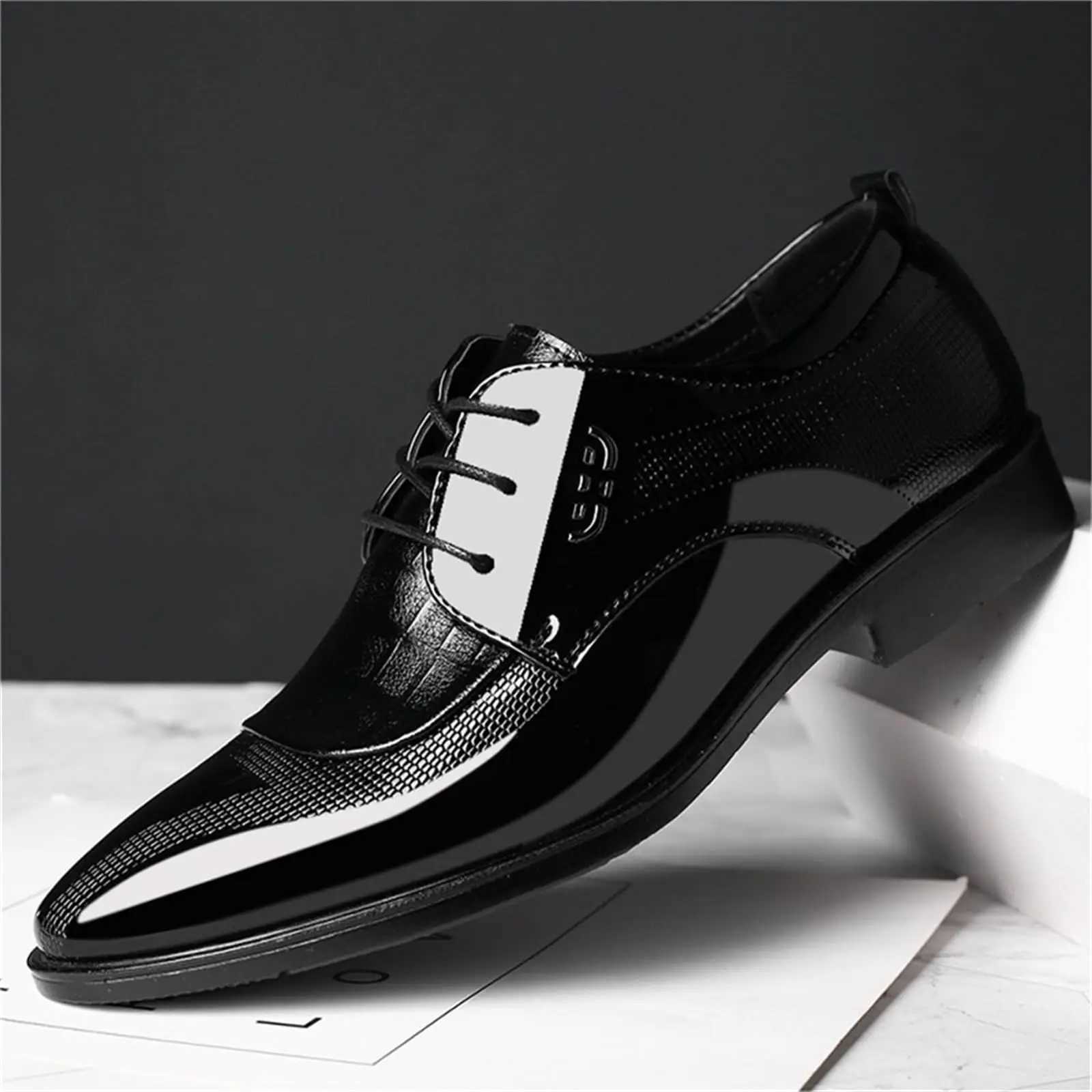 Mens Dress Shoes Formal Business Oxford Block Patent Leather Lace-up Comfortable Pointed Shoes For Men Y250715