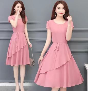 2025 Summer High-End Waist-Cinching Slimming Age-Reducing Slim Fit Elegant Mid-Length A-Line Round Neck Plus Size Loose Women's Dress