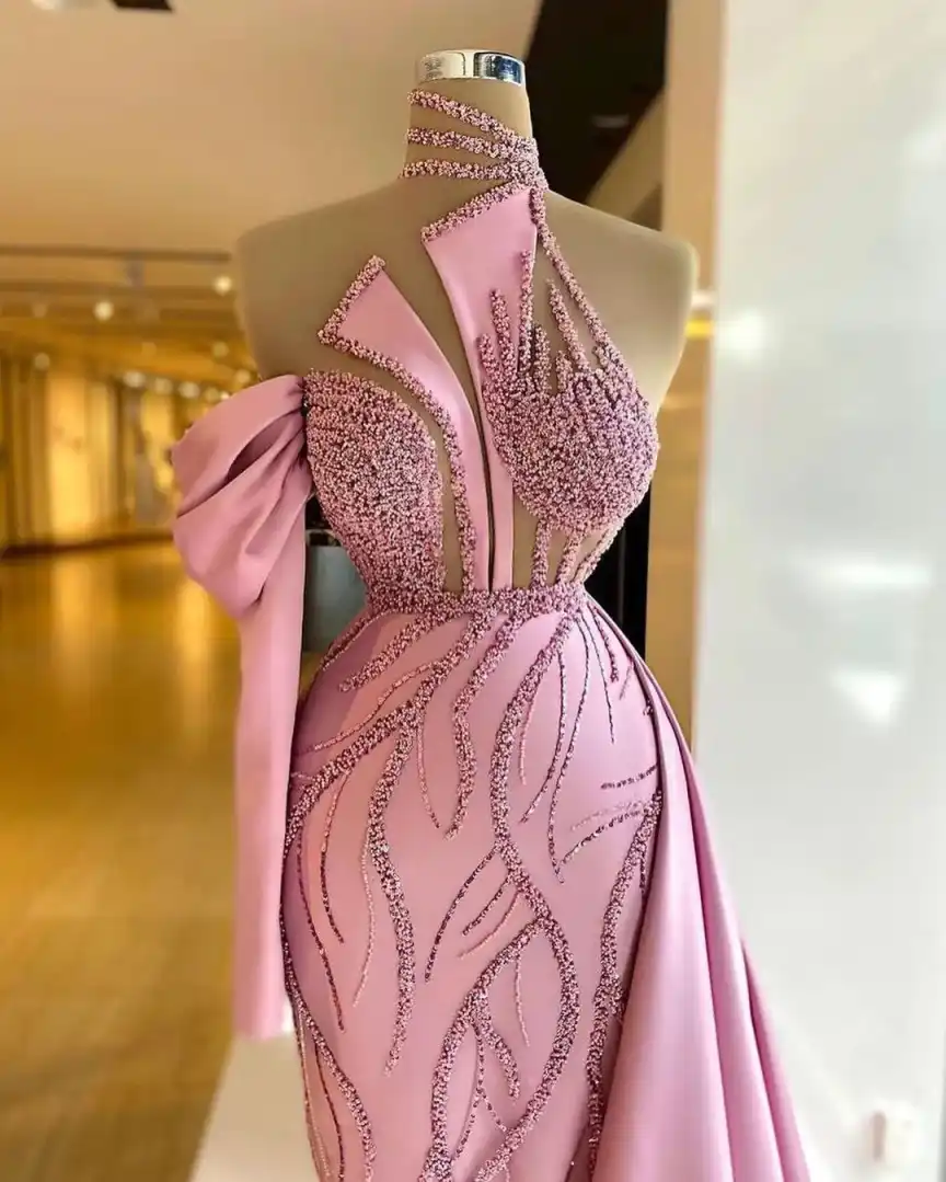 Customized Pink Prom Dress Evening Dress Sexy Slit side Evening Gown Dubai Kaftan Arabic Formal Dress Sparkling Sequins Evening Party vestido de novia