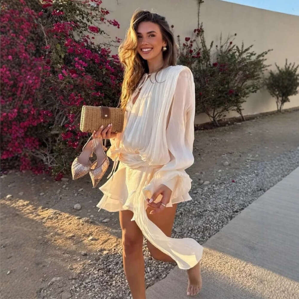 Chiffon Long Summer New Lantern Sleeve Tie Short Ruffle Dress B5