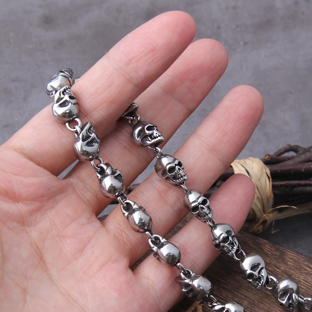 Stainless steel men punk skull chain necklace men fashion stainless steel charm bracelet jewelry with wooden box 250712