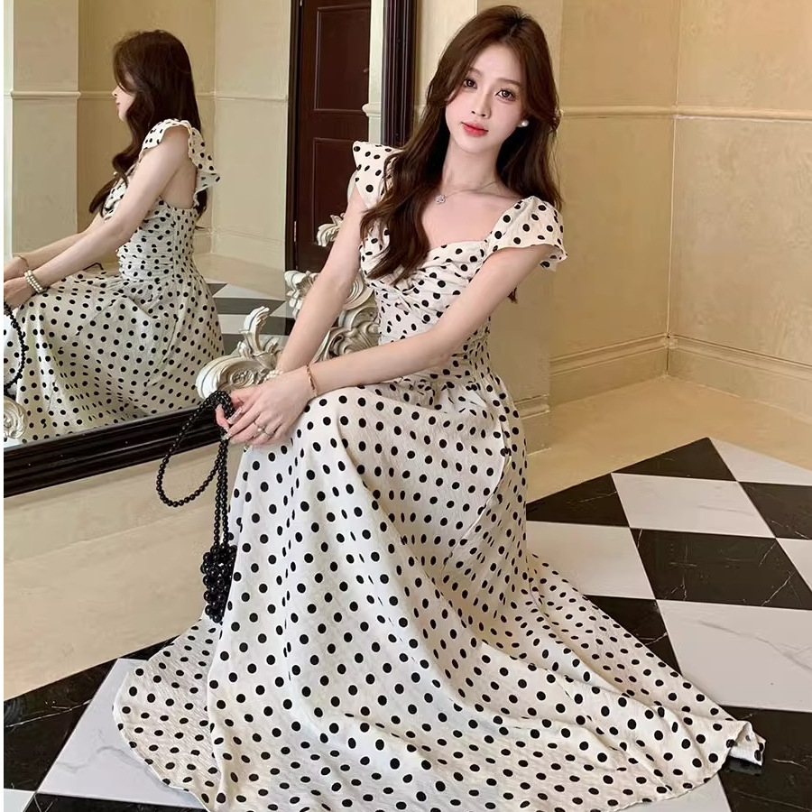 2025 Plus Size Fat mm2025 Summer Women's New Style High-end Polka Dot Dress Pleated Waist Slimming Elegant Long