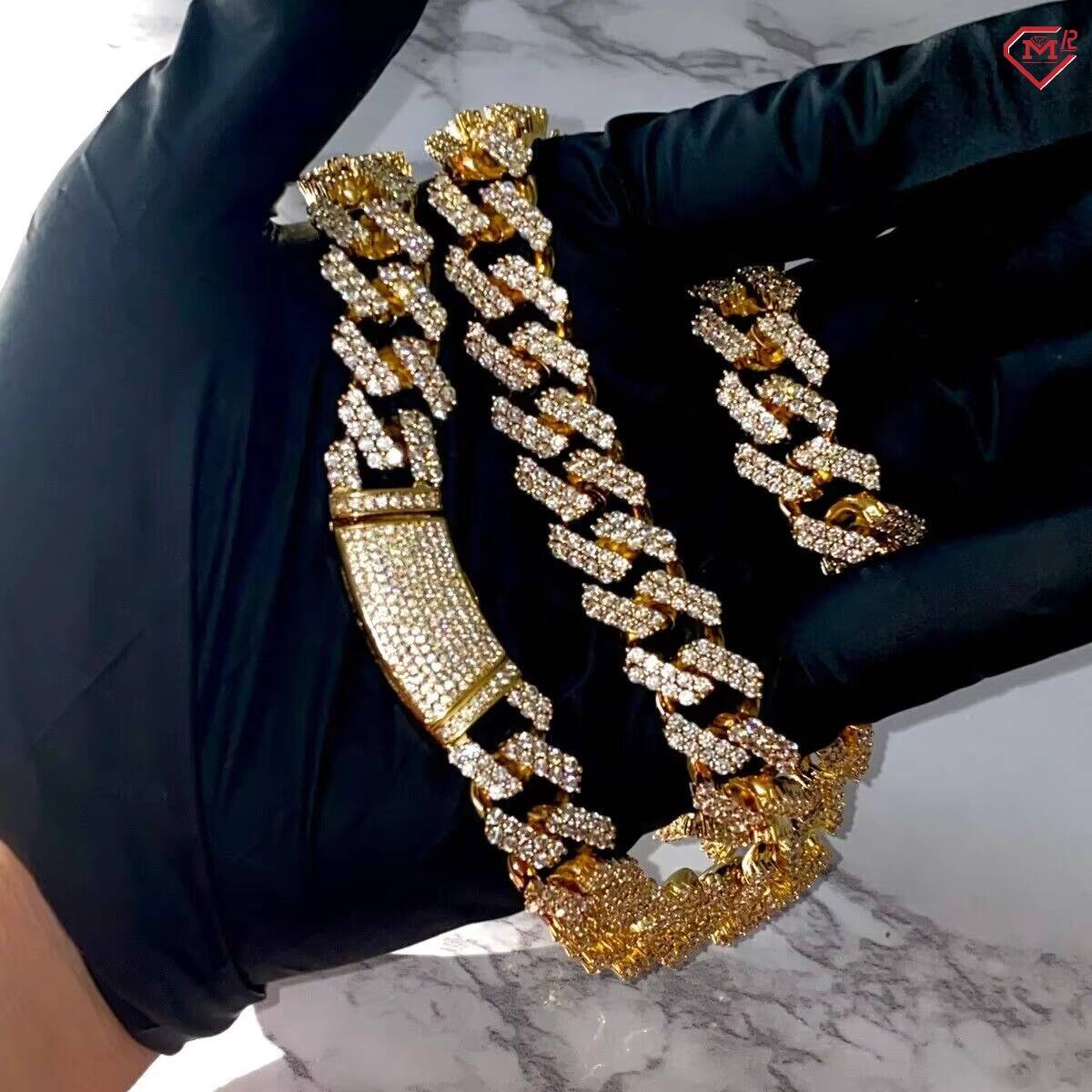In Stock 12mm Cuban Chains Hiphop 2 Row Iced Out Stunning Yellow Gold Plated 925 Silver Moissanite Cuban Link Chain