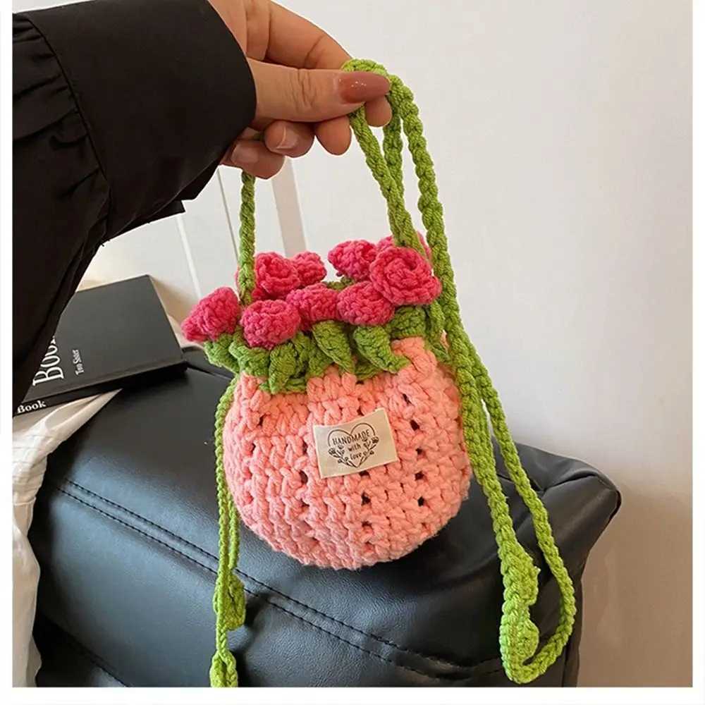 Bohemian Rose Bouquet Weave Bag Cotton Rope Flower Shoulder Bag Storage Bag Large Capacity Rose Beach Bucket Bag Beach